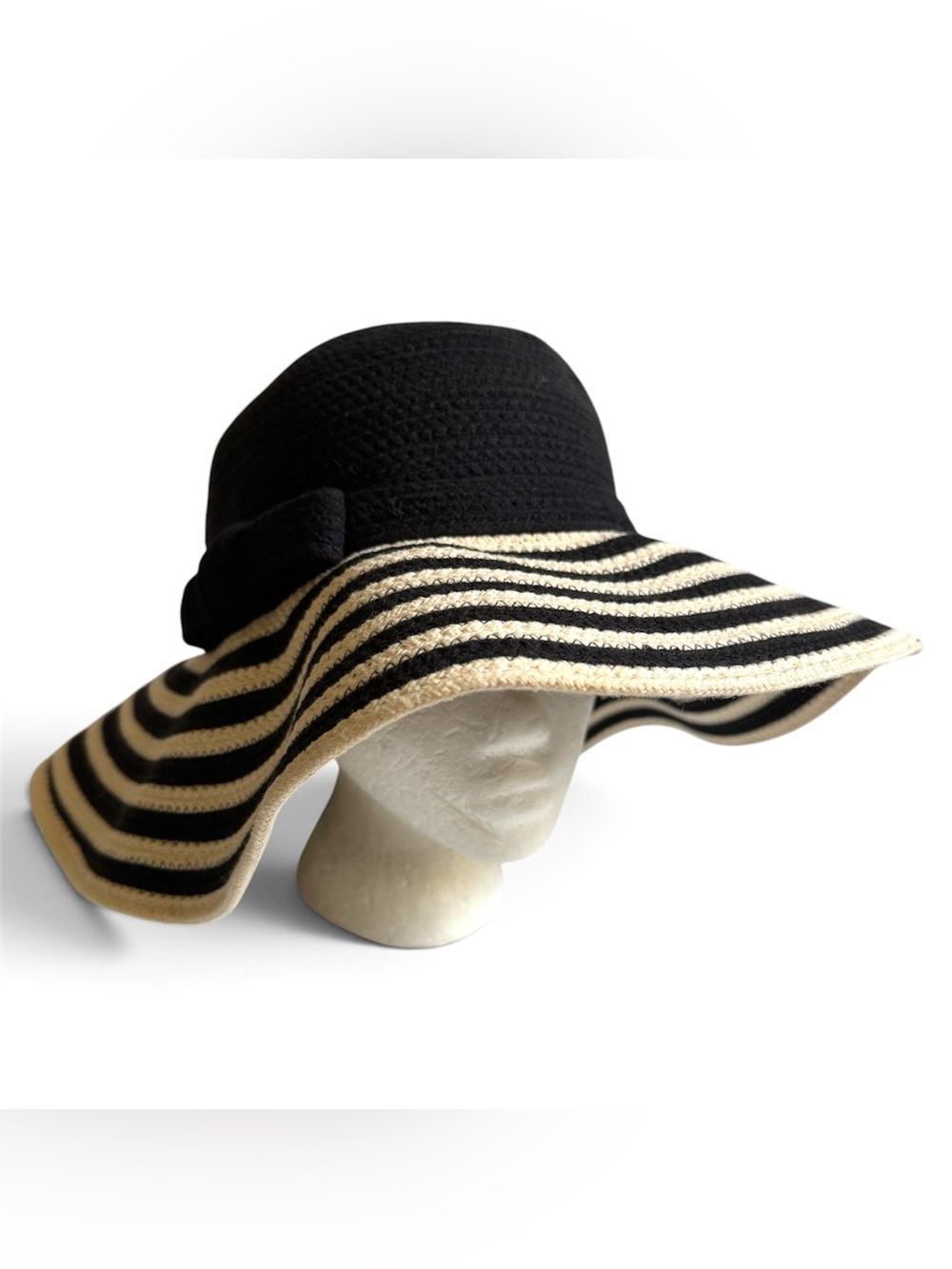 Kate Spade Black Cream Striped Bow Wide Brim Sun Hat Coastal Resort Floppy